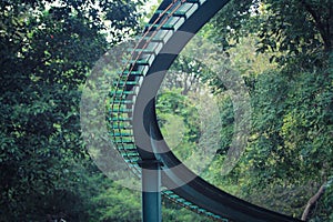 Closeup Curves of steel rails Background image is a forest garden