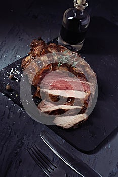 Closeup of cut medium rare roast beef steak