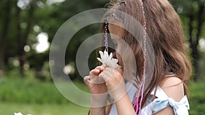 Closeup of cute 5 years old girl sniffing chamomile, having a nice time in meadow in the sunny day. Flowers field