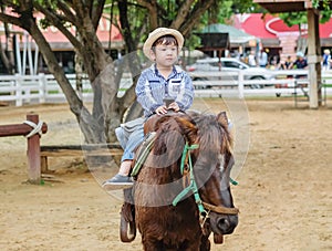 Closeup cute asian kid riding a horse in farm view background