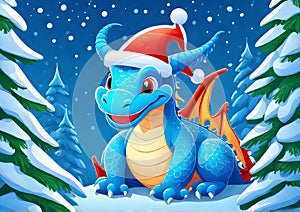 Closeup of cute blue dragon in red Santa Claus hat on Christmas with Christmas trees background. Merry Christmas card with cute