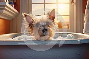 Cute dog taking a bath in a bathtub at home with AI generated.