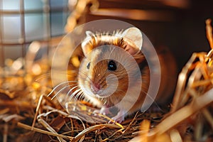 closeup of cute fluffy pet hamster, domestic rodent in a cage with dry grass, blurred background