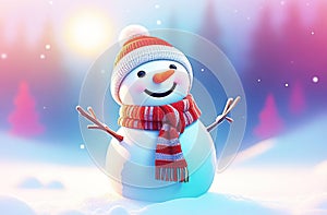 Closeup of cute funny laughing snowman with wool hat and scarf on snowscape.