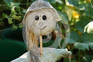 Closeup of a cute garden scarecrow