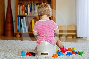 Closeup of cute little 12 months old toddler baby girl child sitting on potty. Kid playing with doll toy. Toilet
