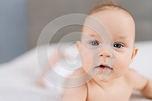 Closeup of cute newborn baby lying in bed trying to crawl waving hand at home. Front view of adorable little kid having