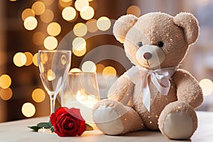 closeup cute toy teddy bear with bow and red roses on bokeh background