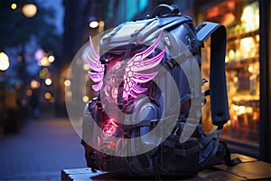 Closeup of cyberpank backpack with neon wings, in the city. Generative AI