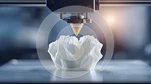 Closeup of 3d printer creating complex white object with precision technology