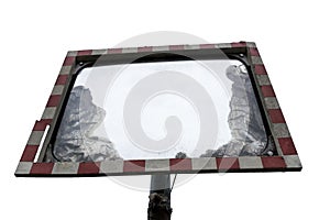 closeup damaged faded traffic mirror white background