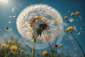 closeup Dandelion with seeds blowing away in the wind. ai generative