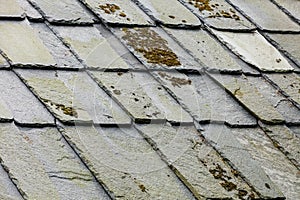 Closeup of dark grey stone roof tiles