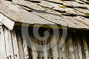 Closeup of dark grey stone roof tiles