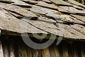 Closeup of dark grey stone roof tiles