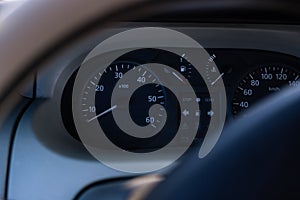 Closeup on dashboard, car interior background