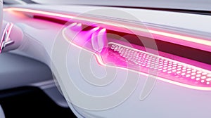 A closeup of a dashboard with a seamless and minimalistic design featuring a highgloss white finish and neon pink lights
