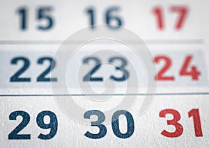 Closeup of dates on calendar page