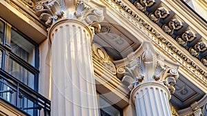 A closeup of the decorative columns and moldings around the buildings windows adding a sense of elegance and grandeur photo