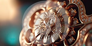 Closeup of decorative jewelry broach. Antique, luxury, diamond and gold ring. Jewels, gems, sparkle background. Vintage.