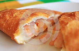 Closeup of Empanada de Camarones or Shrimps and Cheese Filled Pastry photo