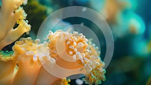 Closeup of a delicate coral polyp struggling to survive in a bleached and polluted coral reef ecosystem.