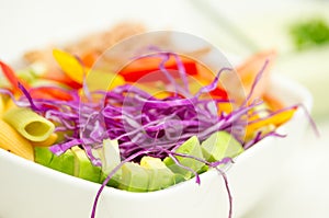 Closeup delicate fresh presentation of pasta salad in white bowl with colourful vegetables such as cole robbie, capsicum