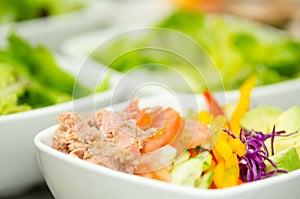 Closeup delicate fresh presentation of tuna salad in white bowl with colourful vegetables such as cole robbie, capsicum