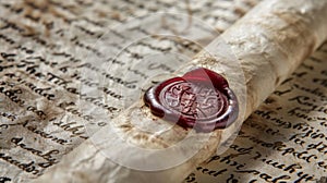 A closeup of a delicate parchment scroll with faded writing and a wax seal. The image evokes a sense of mystery and photo