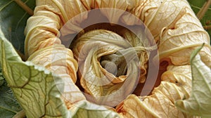 A closeup of a delicate squash blossom its delicate petals opening up to reveal a small budding squash tucked inside