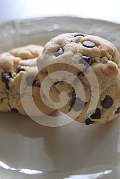 Closeup of delicious American chocolate chip cookies on a white plate