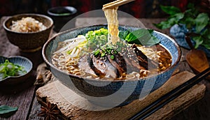Closeup of delicious bowl of ramen food photography