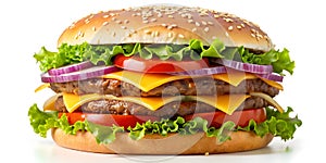 CloseUp of a Delicious Double Cheeseburger with Lettuce Tomato Cucumber and Onion Isolated On White Background photo