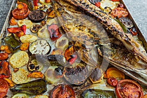 Closeup of fish baked with roasted tomatoes, potatoes and vegetables