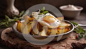 Closeup of delicious fried potatoes and fried eggs food photography