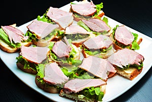 Closeup of delicious ham and salad canapes