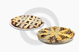 Closeup of delicious homemade apple and plum pies isolated on a white background