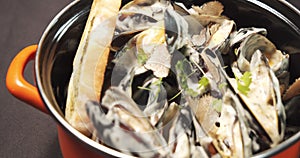 Closeup of delicious mussels in a creamy sauce with herbs in a plate