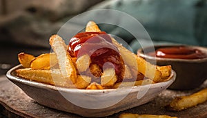 Closeup of delicious plate of fries with ketchup rustic setting food photography