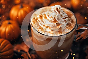 A closeup of a delicious pumpkin spiced latte with whipped froth topping