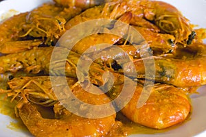 Closeup of delicious Salted egg shrimp or prawns