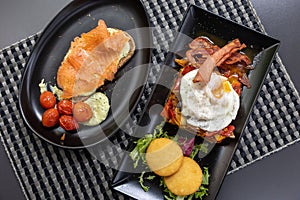 Closeup of delicious served food on a table in a restaurant