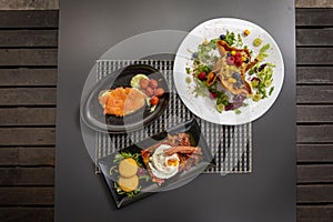 Closeup of delicious served food on a table in a restaurant