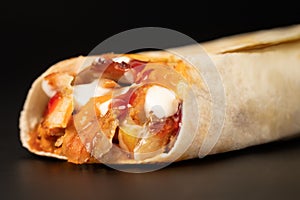 Closeup of delicious shawarma sandwich isolated in black background