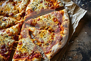 closeup delicious sliced four cheese (quattro formaggi) pizza on paper on wooden background top view