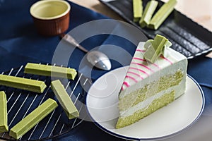 Closeup delicious sweet dessert fresh green tea cake with fresh