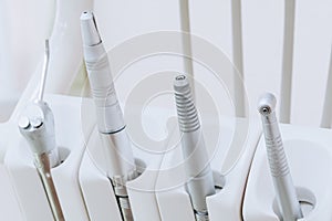 Closeup of dental drills in dentists office. Medical equipment and stomatology concept. Dental office