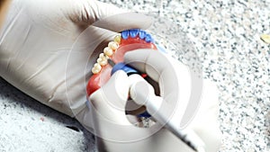 Closeup of a dental technician making of denture in a dental lab