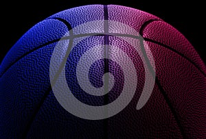 Closeup detail of basketball ball texture background. Blue neon Banner Art concept