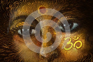 Closeup detail of hindu woman eyes with sacred symbol, illustration